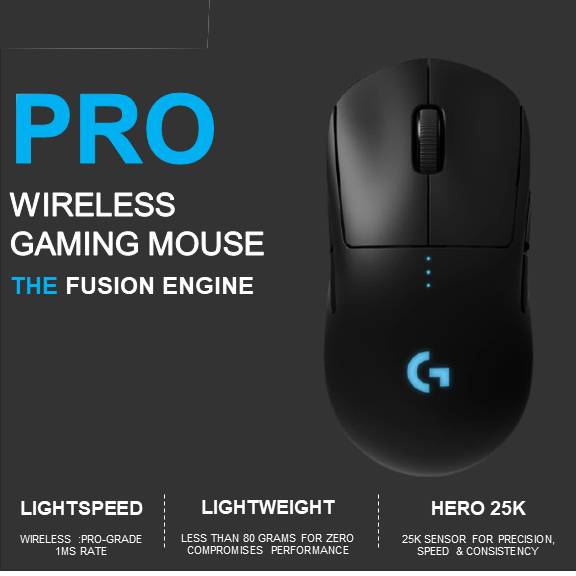 Logitech G Pro Wireless Gaming Mouse HERO 25K Sensor , Wireless Lightspeed ,Ultra Lightweight, 4-8 Programmable Buttons , Lightsync RGB ( 910-005274 )